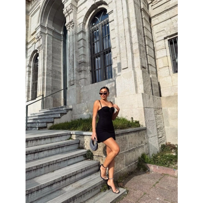 Kadın Omuz Askılı File Kumaş Likralı Mini Elbise