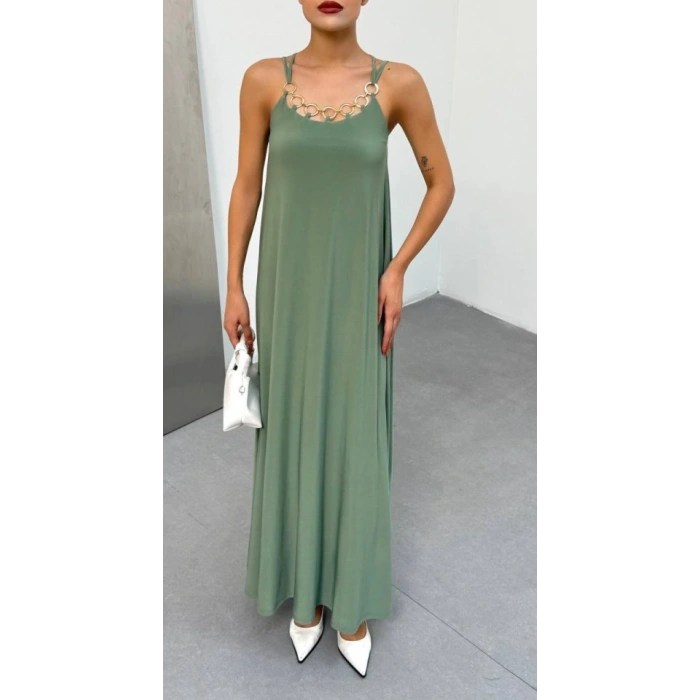 Kadın Omuz Askılı Kuş Gözü Zincir Detay andy Kumaş Maxi Boy Elbise