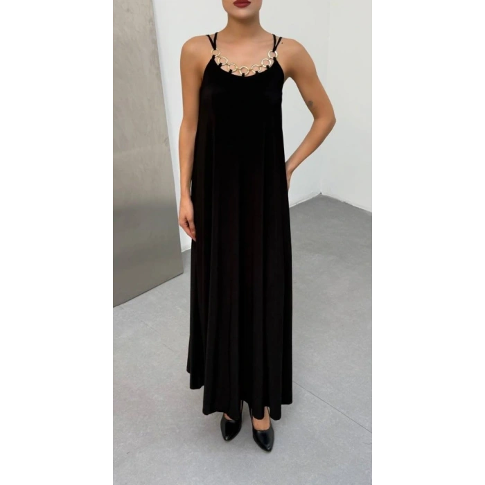 Kadın Omuz Askılı Kuş Gözü Zincir Detay andy Kumaş Maxi Boy Elbise