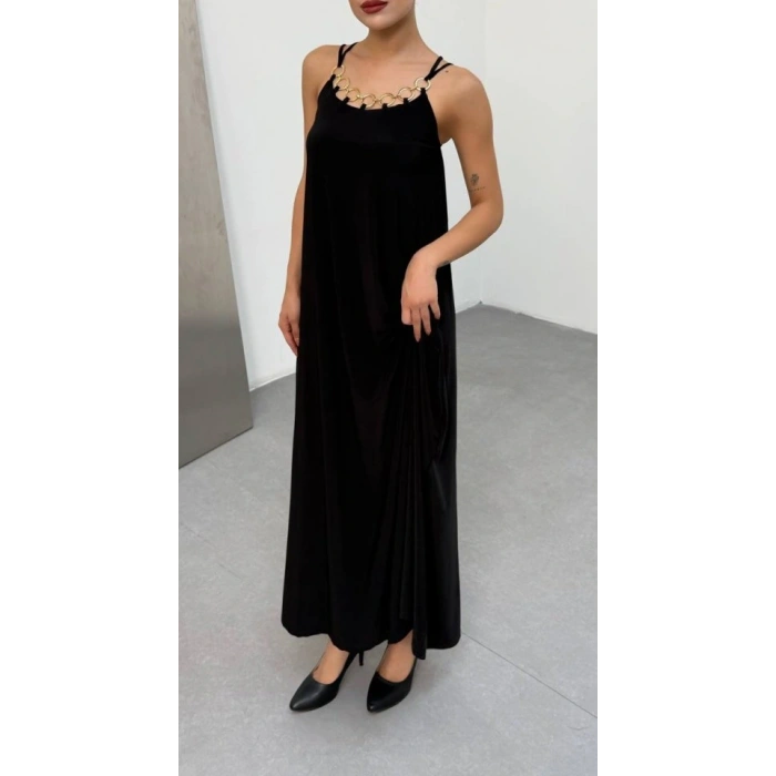 Kadın Omuz Askılı Kuş Gözü Zincir Detay andy Kumaş Maxi Boy Elbise