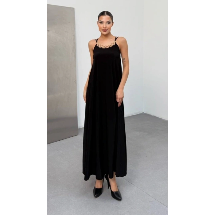 Kadın Omuz Askılı Kuş Gözü Zincir Detay andy Kumaş Maxi Boy Elbise