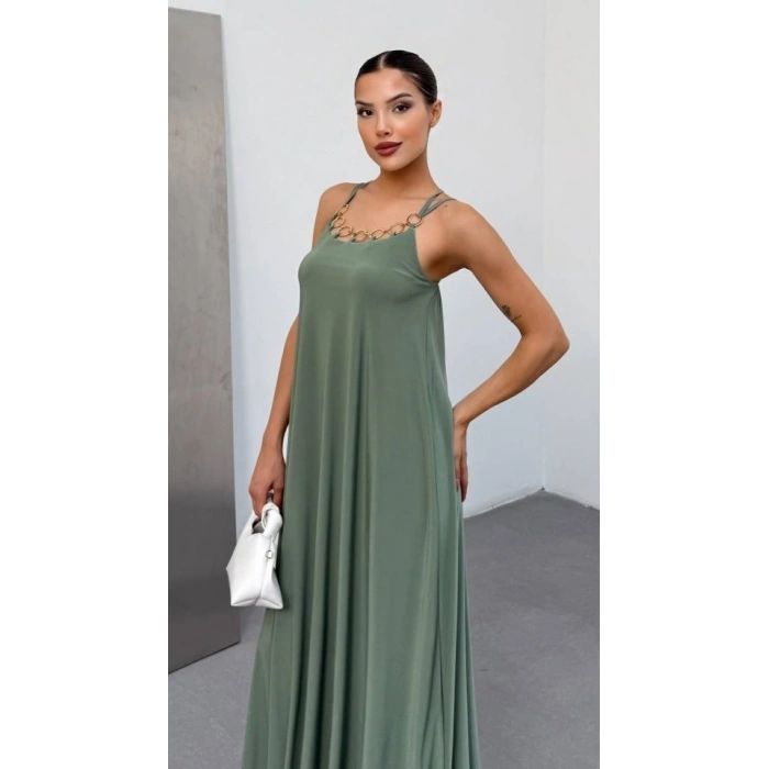 Kadın Omuz Askılı Kuş Gözü Zincir Detay andy Kumaş Maxi Boy Elbise