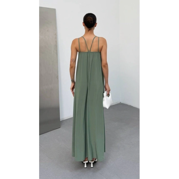 Kadın Omuz Askılı Kuş Gözü Zincir Detay andy Kumaş Maxi Boy Elbise