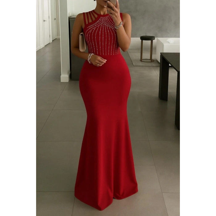 Kadın Omuz çoklu Askılı önü Taş Işlemeli Balık Kesim Janjan Krep Maxi Boy Elbise