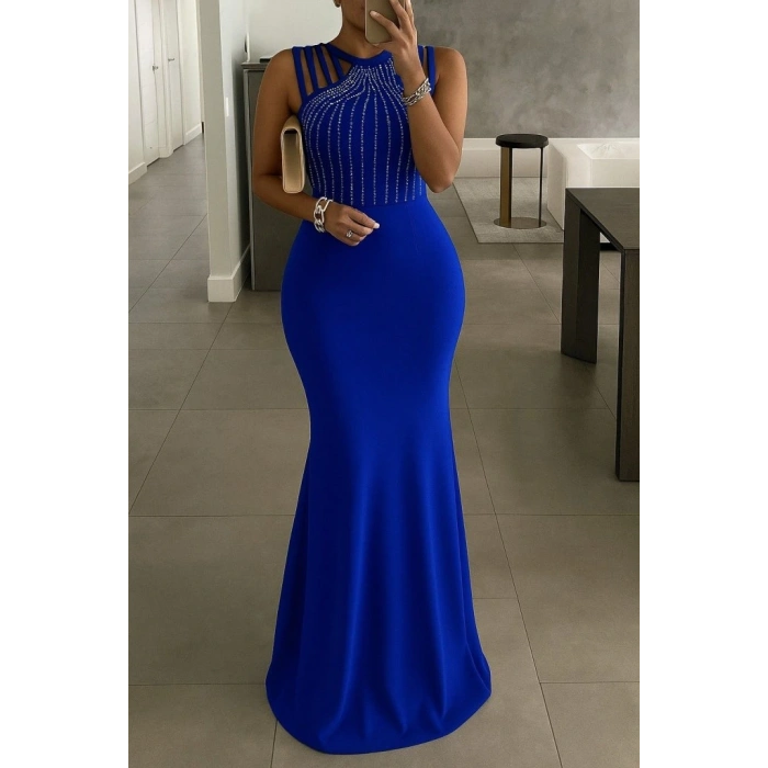 Kadın Omuz çoklu Askılı önü Taş Işlemeli Balık Kesim Janjan Krep Maxi Boy Elbise