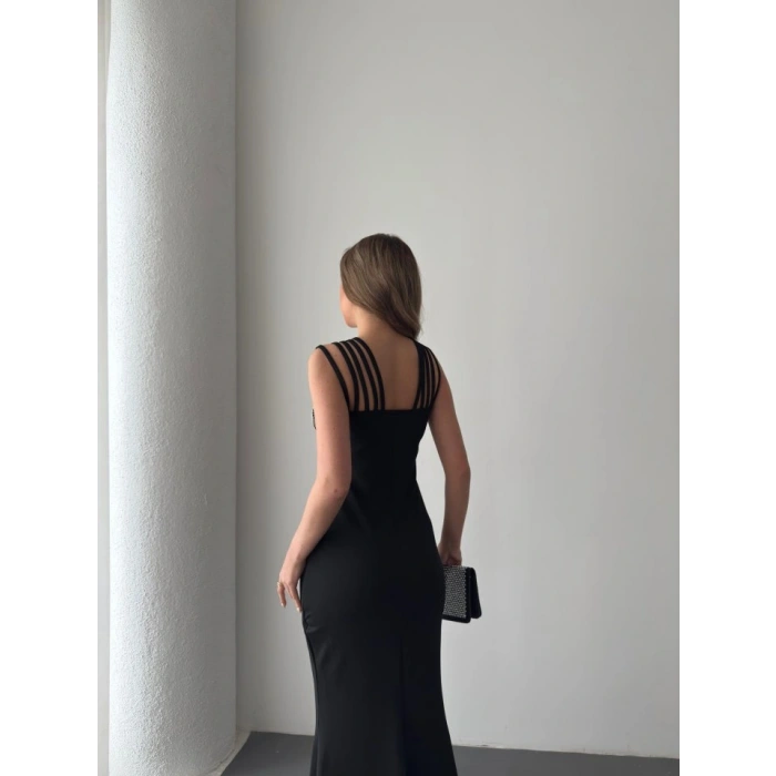 Kadın Omuz çoklu Askılı önü Taş Işlemeli Balık Kesim Janjan Krep Maxi Boy Elbise