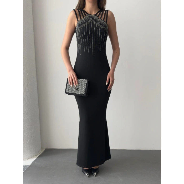 Kadın Omuz çoklu Askılı önü Taş Işlemeli Balık Kesim Janjan Krep Maxi Boy Elbise