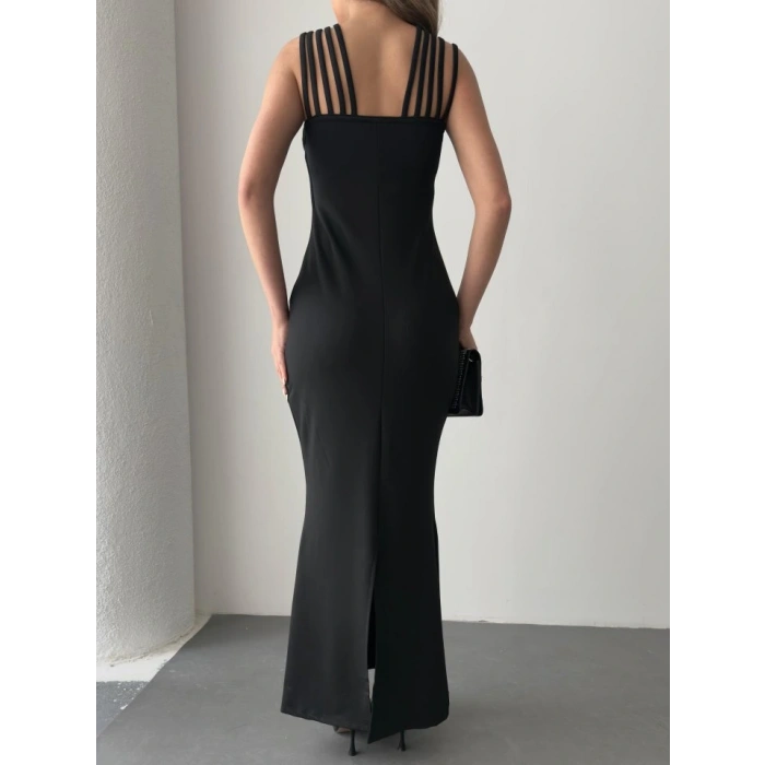 Kadın Omuz çoklu Askılı önü Taş Işlemeli Balık Kesim Janjan Krep Maxi Boy Elbise