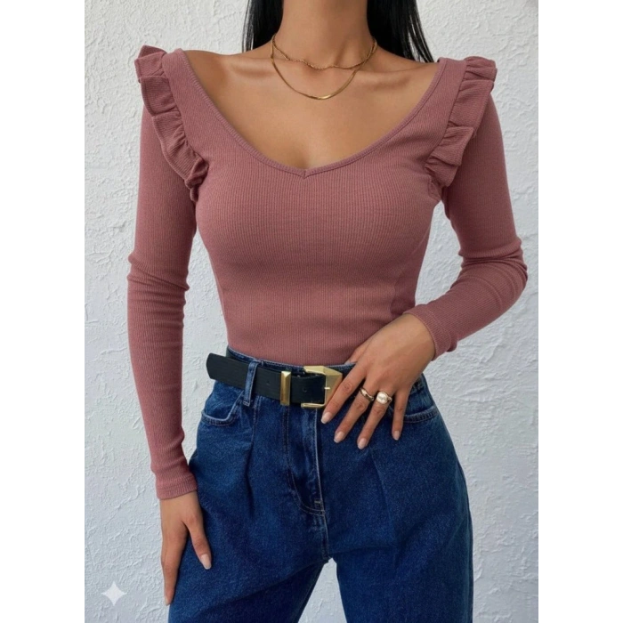 Kadın Omuz Fırfır Detay Uzun Kollu Bluz