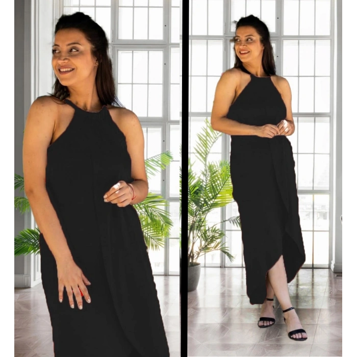 Kadın Omuzlardan Açık Boyundan Geçmeli Asimetrik Kesim Detaylı Viskon Elbise