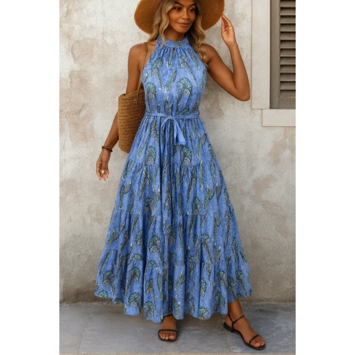 Kadın Omuzlardan Açık Boyundan Geçmeli Desenli Süprem Bluz