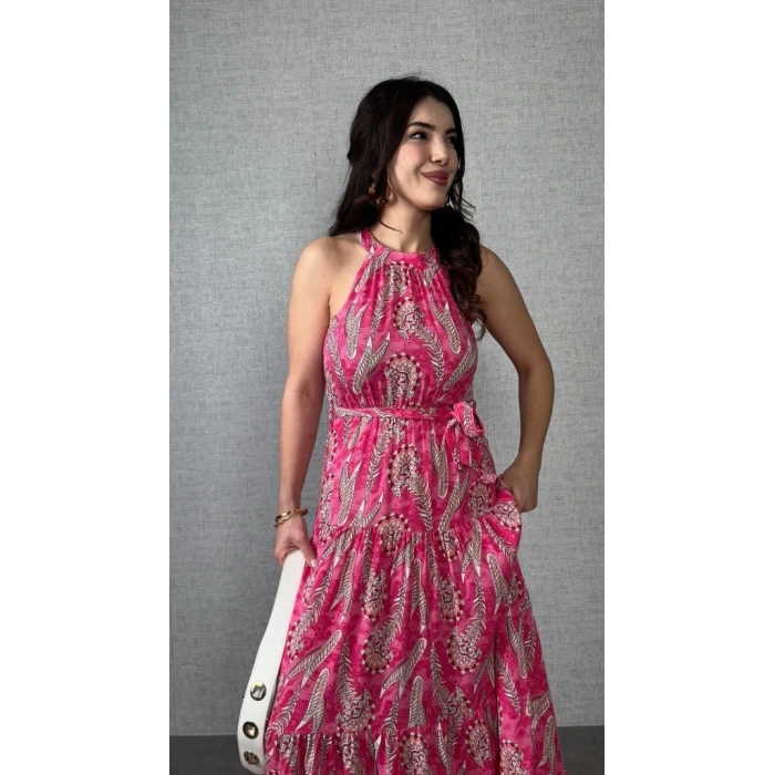 Kadın Omuzlardan Açık Boyundan Geçmeli Desenli Süprem Bluz