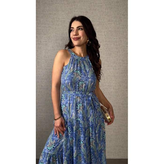 Kadın Omuzlardan Açık Boyundan Geçmeli Desenli Süprem Bluz