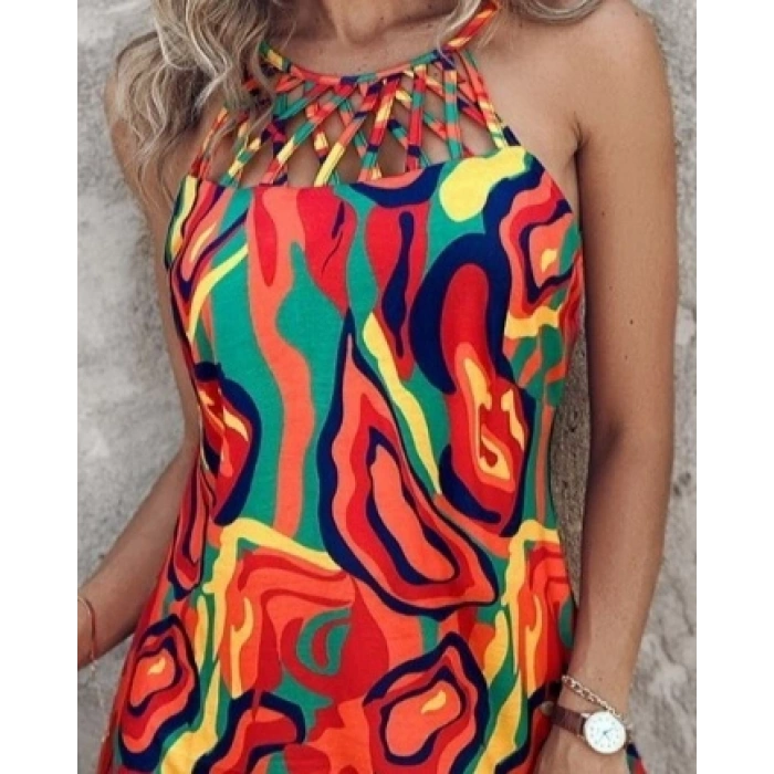 Kadın Omuzlardan Açık çapraz şerit Detaylı Desenli Süprem Elbise