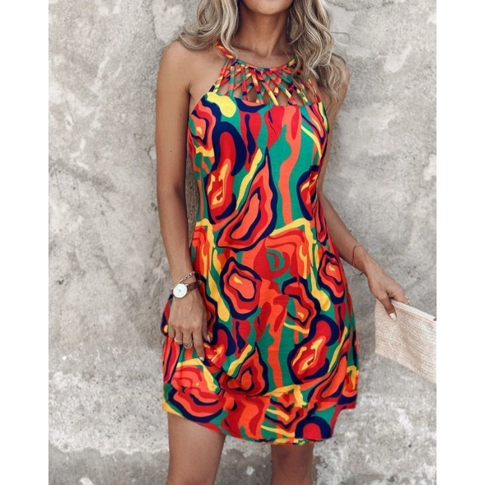 Kadın Omuzlardan Açık çapraz şerit Detaylı Desenli Süprem Elbise