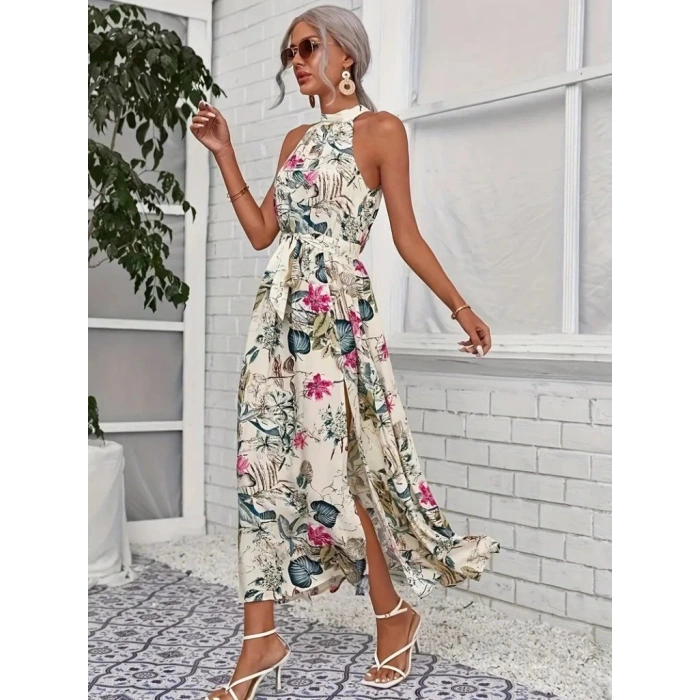 Kadın Omuzlardan Açık Halter Yakalı Yırtmaçlı çiçek Desenli Süprem Elbise