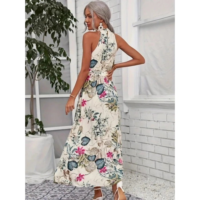 Kadın Omuzlardan Açık Halter Yakalı Yırtmaçlı çiçek Desenli Süprem Elbise