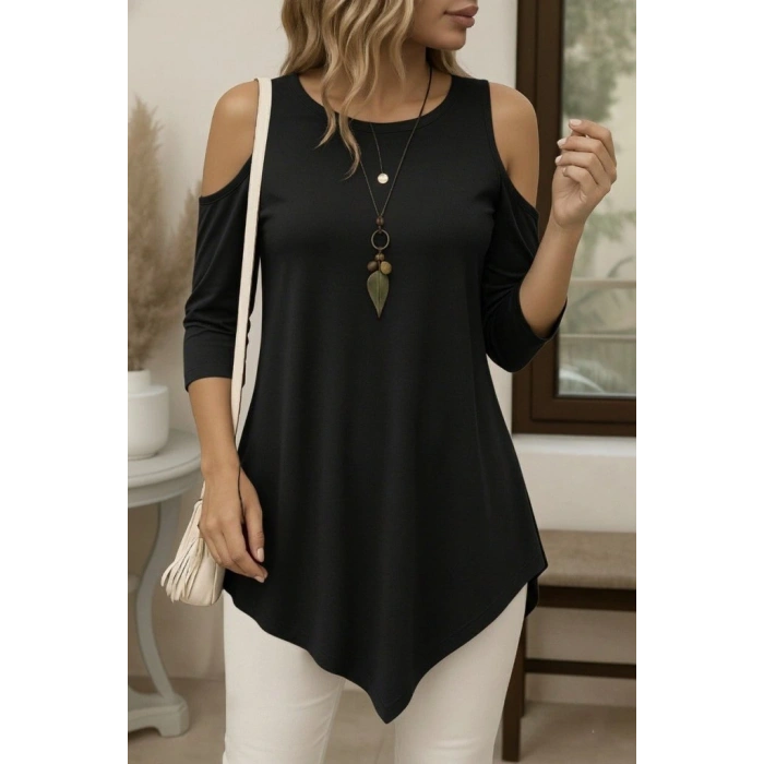 Kadın Omuzlardan Açık Sıfır Yaka Asimetrik Kesim Detay Viskon Bluz