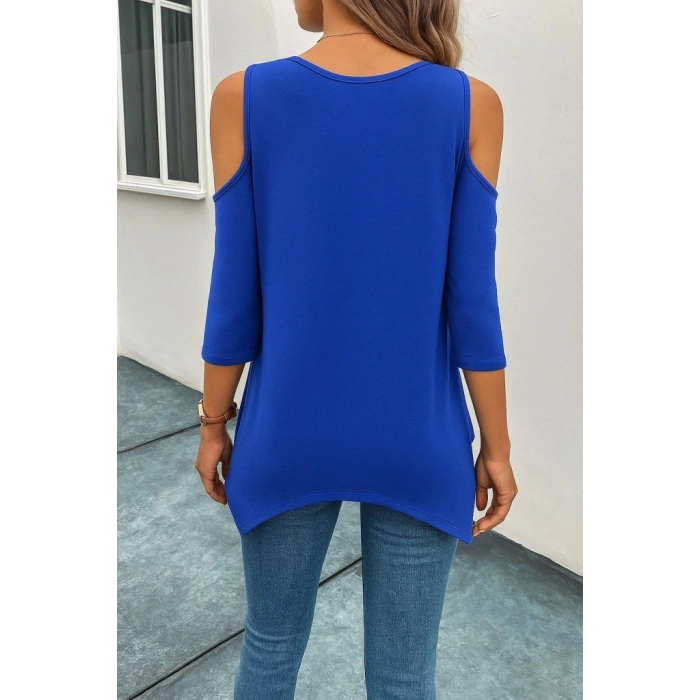 Kadın Omuzlardan Açık Sıfır Yaka Asimetrik Kesim Detay Viskon Bluz