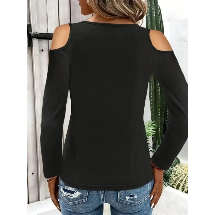 Kadın Omuzlardan Açık Uzun Kollu Yakadan Halka şerit Detaylı Viskon Bluz