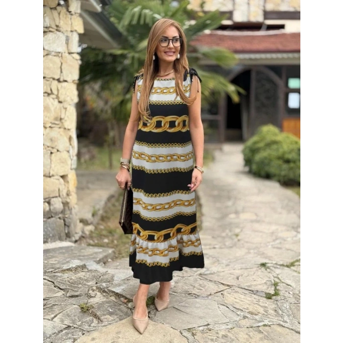 Kadın Omuzlardan Büzgülü Kayık Yaka Fırfırlı Janjan Krep Elbise