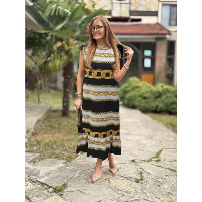 Kadın Omuzlardan Büzgülü Kayık Yaka Fırfırlı Janjan Krep Elbise