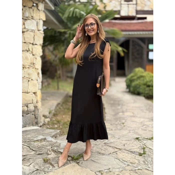 Kadın Omuzlardan Büzgülü Kayık Yaka Fırfırlı Janjan Krep Elbise