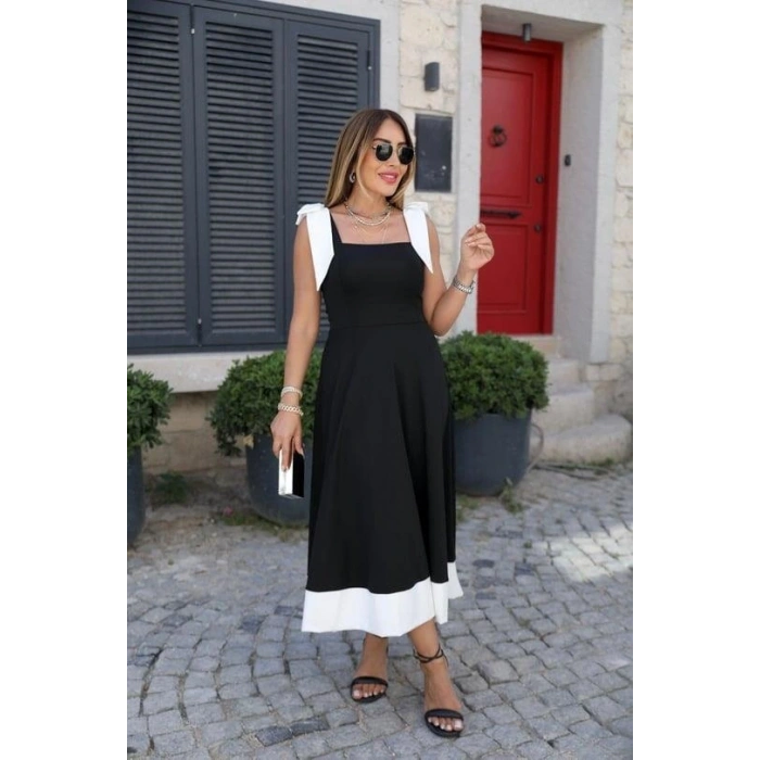 Kadın Omuzlardan Kurdela Askılı çift Renkli Kiloş Ithal Krep Elbise