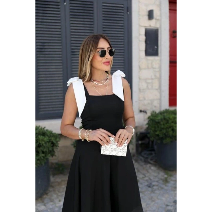 Kadın Omuzlardan Kurdela Askılı çift Renkli Kiloş Ithal Krep Elbise