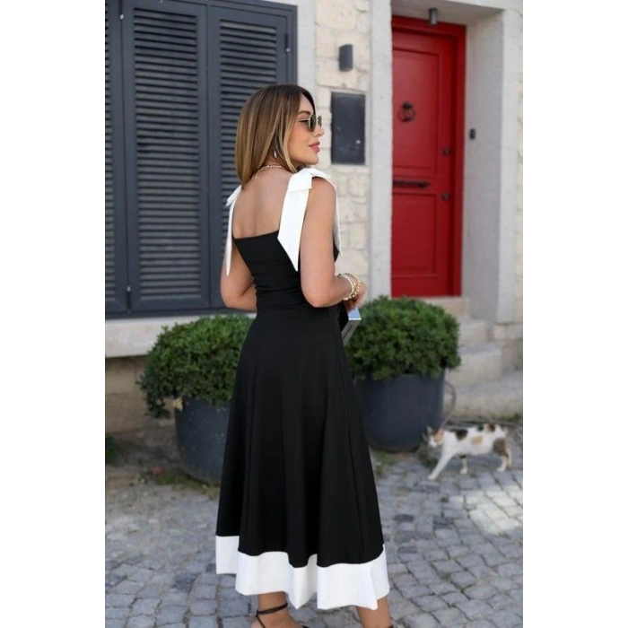 Kadın Omuzlardan Kurdela Askılı çift Renkli Kiloş Ithal Krep Elbise