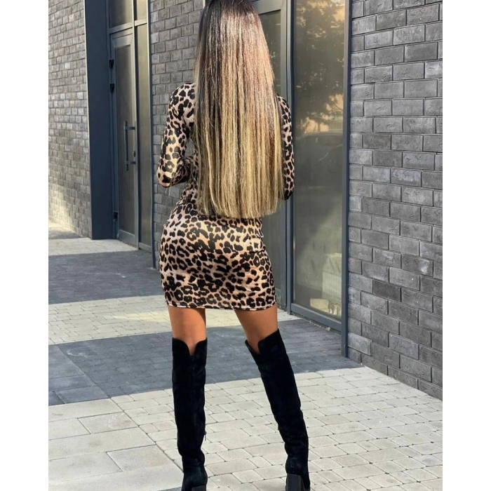 Kadın örme Viskon Kumaş eopar Desenli çapraz Göğüs Detay Mini Boy Elbise