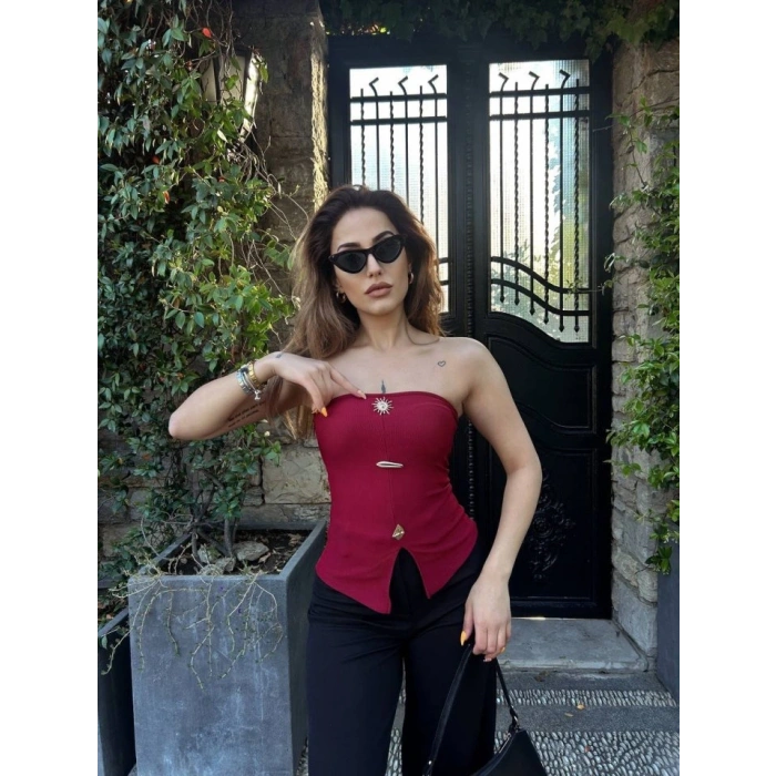 Kadın Ottoman Kumaş Düğme Detaylı Büstiyer Crop