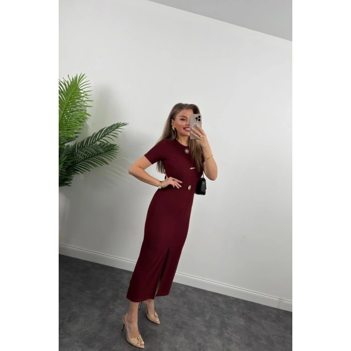 Kadın Ottoman Kumaş Likralı Düğme Tasarımlı Kısa Kol Kalem Elbise