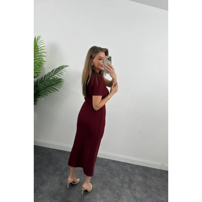 Kadın Ottoman Kumaş Likralı Düğme Tasarımlı Kısa Kol Kalem Elbise