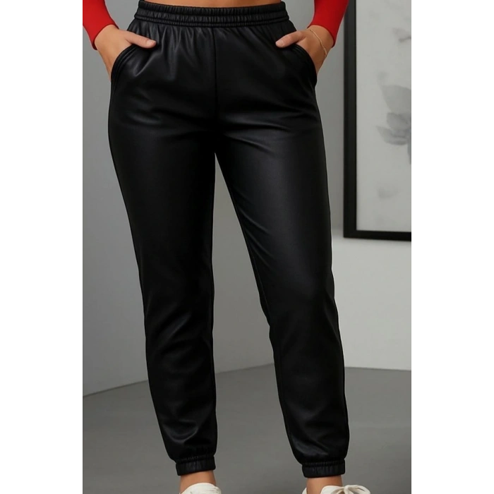 Kadın Paçası astikli Cep Detaylı Deri Tayt