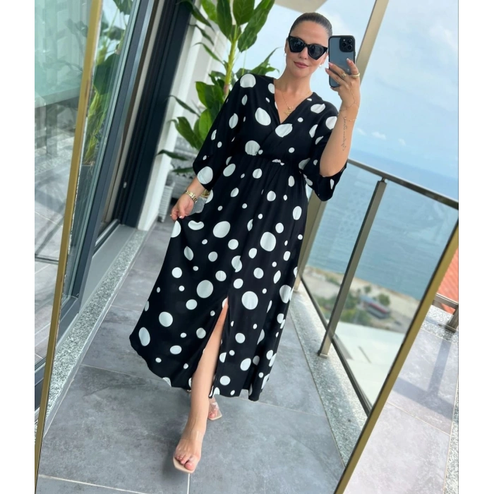 Kadın Puantiyeli Kruvaze Uzun Elbise