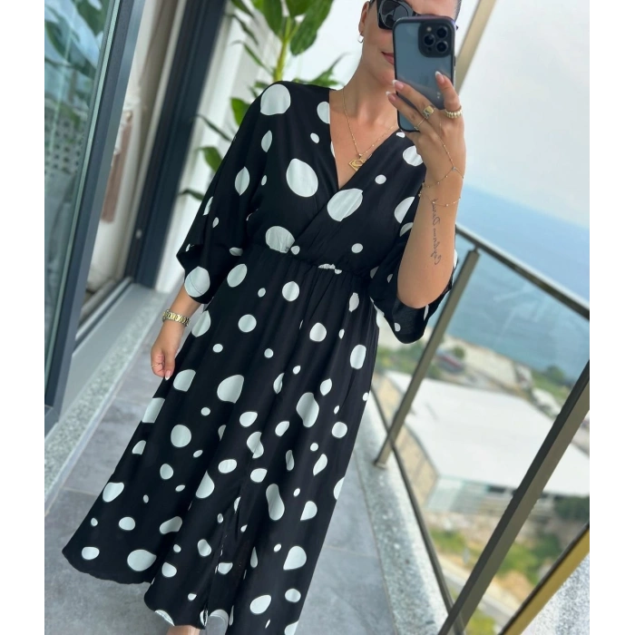 Kadın Puantiyeli Kruvaze Uzun Elbise