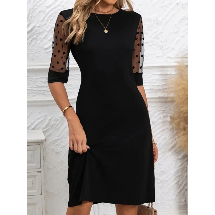 Kadın Puantiyeli Tül Kollu Bisiklet Yaka Janjan Krep Elbise