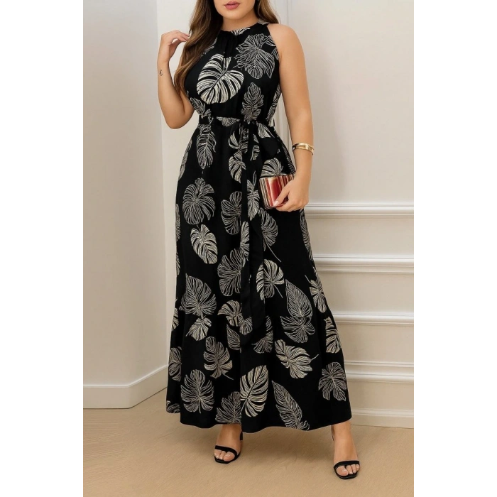 Kadın Sıfır Kok Bağcıklı Kemerli Etek Ucu Fırfırlı Desenli Süprem Elbise