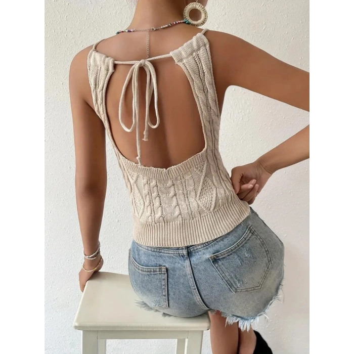 Kadın Sıfır Kol Boyun Bağlama Detay Sırt Dekolte Triko Bluz