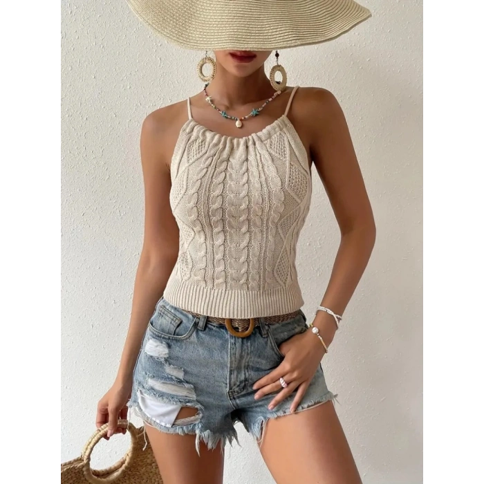 Kadın Sıfır Kol Boyun Bağlama Detay Sırt Dekolte Triko Bluz