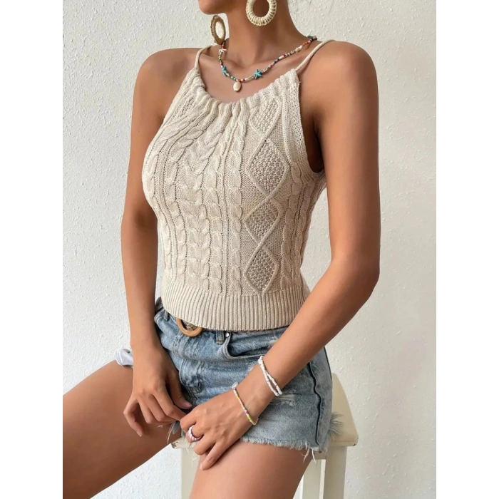 Kadın Sıfır Kol Boyun Bağlama Detay Sırt Dekolte Triko Bluz