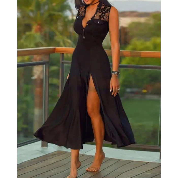 Kadın Sıfır Kol Hakim Yaka önden Düğmeli Dantel Detaylı Yırtmaçlı Viskon Midi Elbise