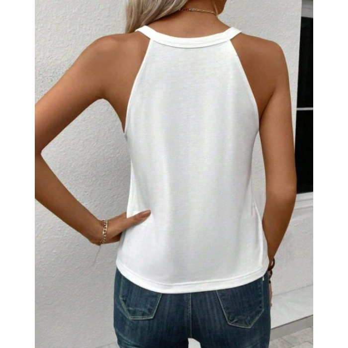 Kadın Sıfır Kol Halter Yaka Kalp Baskılı Viskon Bluz