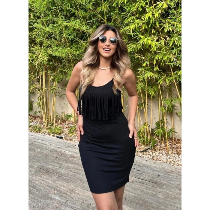 Kadın Sıfır Kol önü Püsküllü Askılı Viskon Mini Elbise