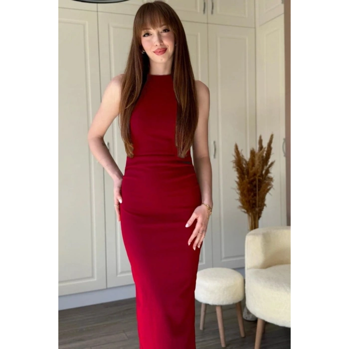 Kadın Sıfır Kol Sıfır Yaka Drape Detaylı Midi Janjan Krep Elbise