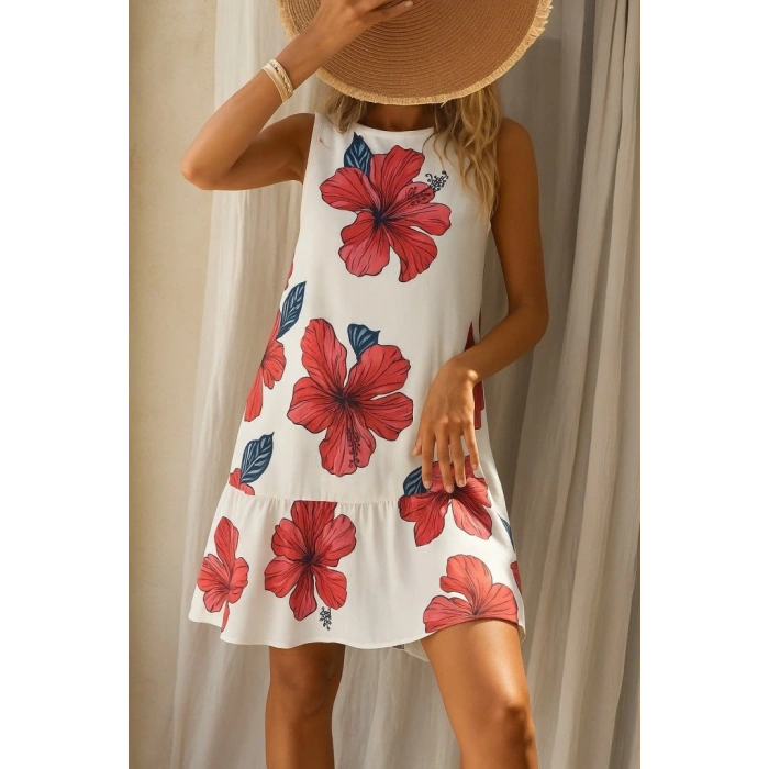 Kadın Sıfır Kol Sırttan Bağlamalı Fırfırlı çiçek Desenli Süprem Elbise