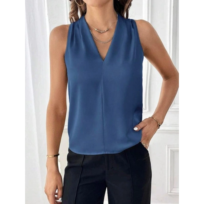 Kadın Sıfır Kol V Yaka Viskon Kumaş Bluz