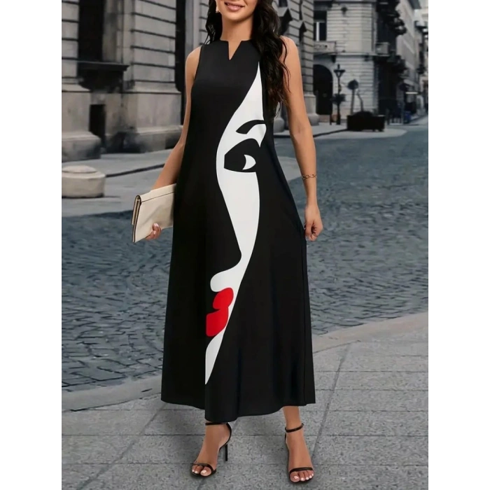 Kadın Sıfır Kol V Yakalı Kadın Yüz Desenli Süprem Elbise