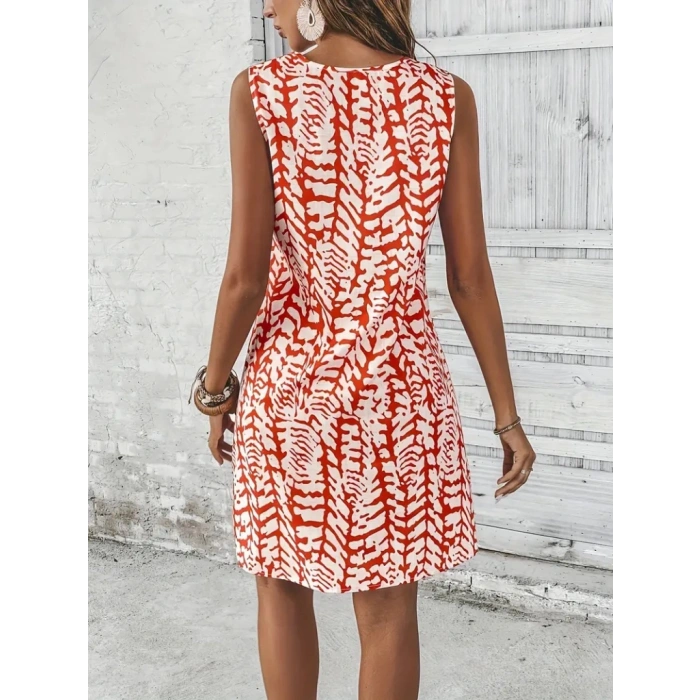 Kadın Sıfır Kol Yakadan Halka Detaylı Desenli Kısa Bürümcük Elbise